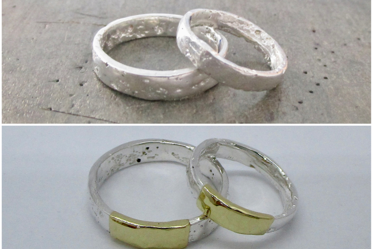 Umarbeitung_Eheringe_Silber_Gelbgold_gehammert  Umarbeitung Silberringe zu Eheringen mit 750er Goldauflage gehämmert