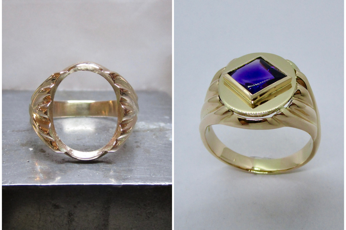 Umarbeitung_Herrenring_Gold_Amethyst  Umarbeitung Herrenring - Einpassen einer Goldplatte mit Amethyst